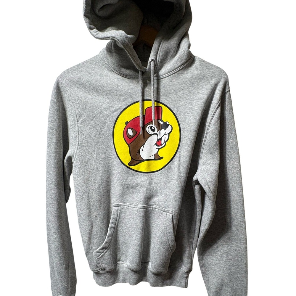 Buc-ee's Logo Pullover Hoodie Small Gray Cotton Blend Graphic Sweatshirt Texas